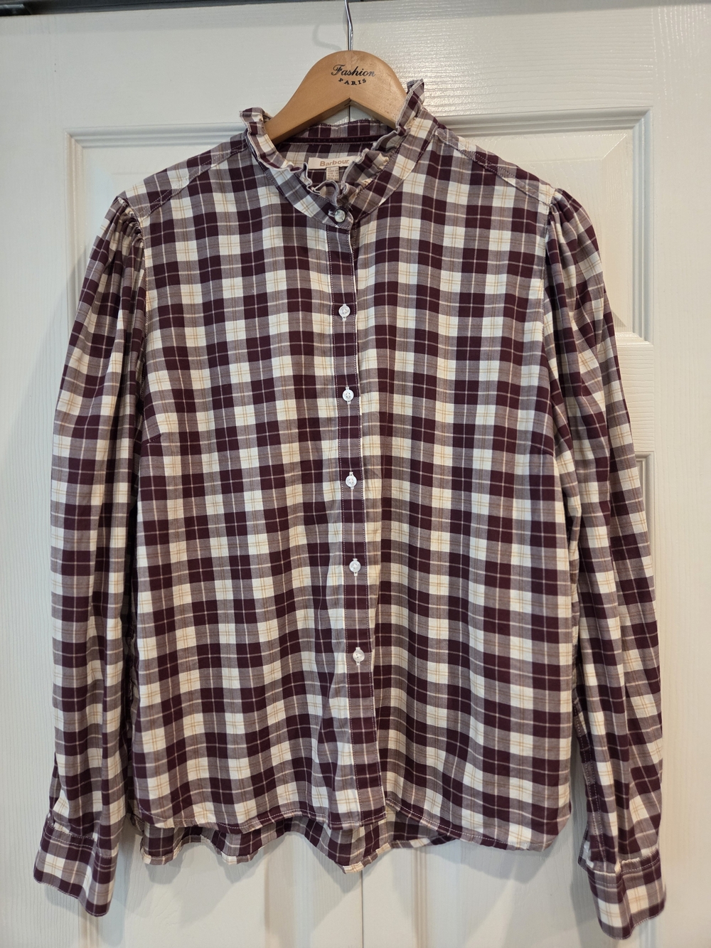 Barbour Daffodil Burgundy Plaid Ruffle Collar Shirt US 10 UK 14 Cotton